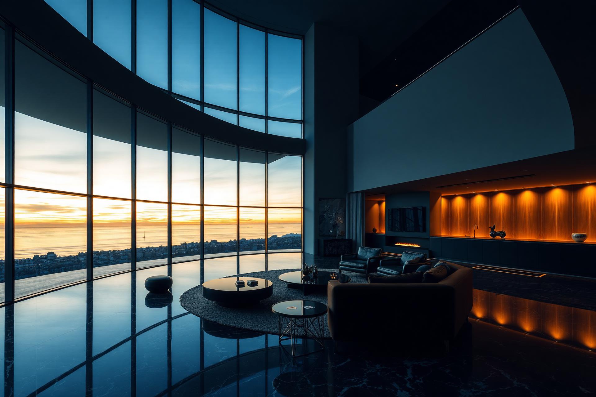 Luxury living room with floor-to-ceiling windows at dusk